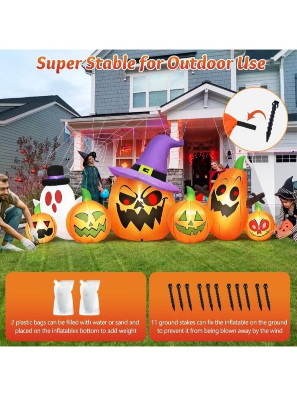 8FT Long Halloween Inflatables Spooky Pumpkin Outdoor Decor White Orange Witch - Picture 6 of 6